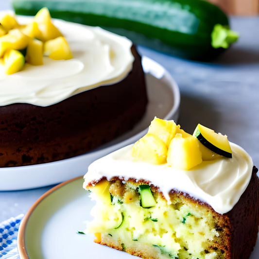 pineapple zucchini cake topped with vanilla frosting and eaten with miracle fruit berries. Written by chef cantu