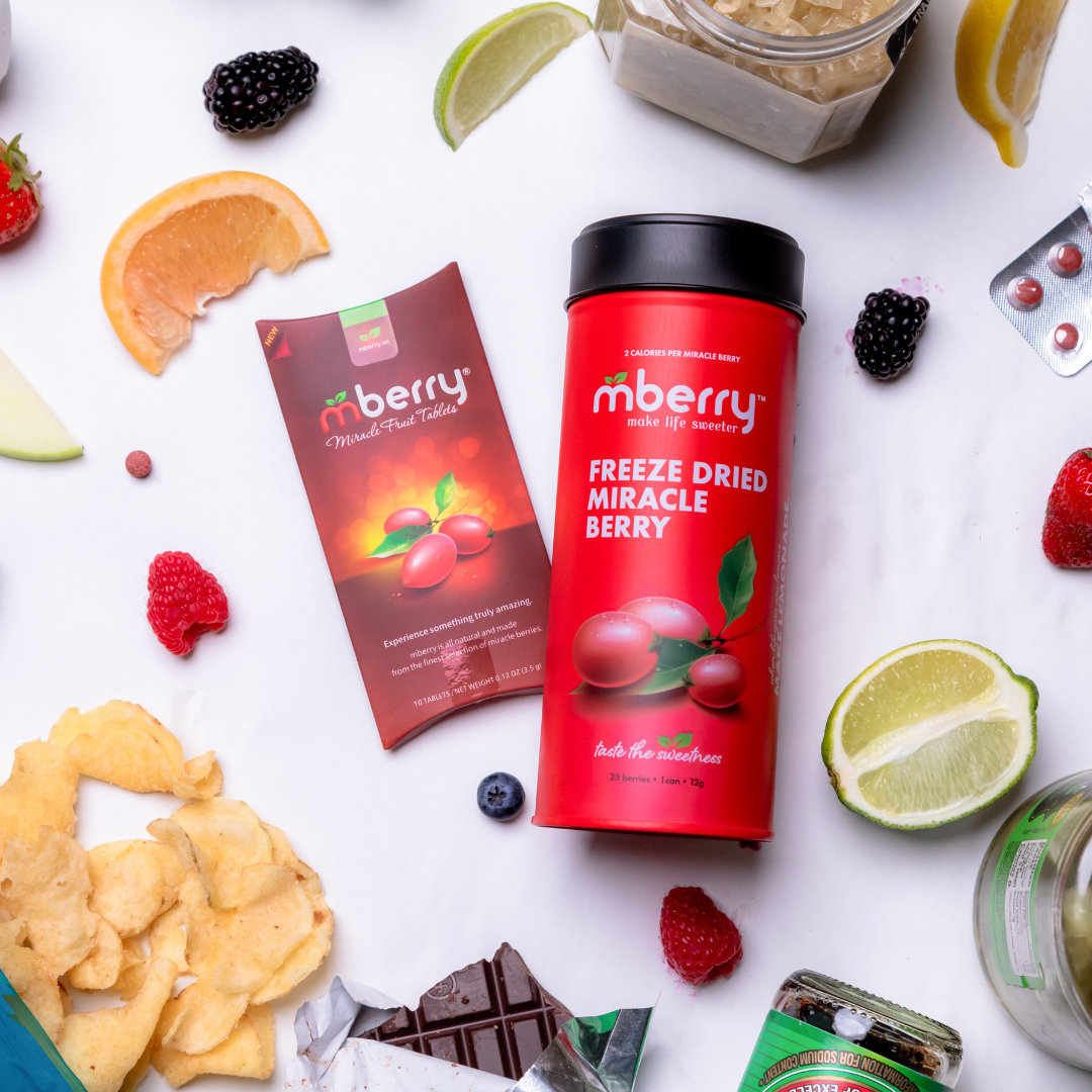 mberry miracle fruit tablets and freeze dried miracle berries surrounded by common flavor tripping foods like lemons, limes, salt and vinegar chips, pickles, balsamic, strawberries, sauerkraut