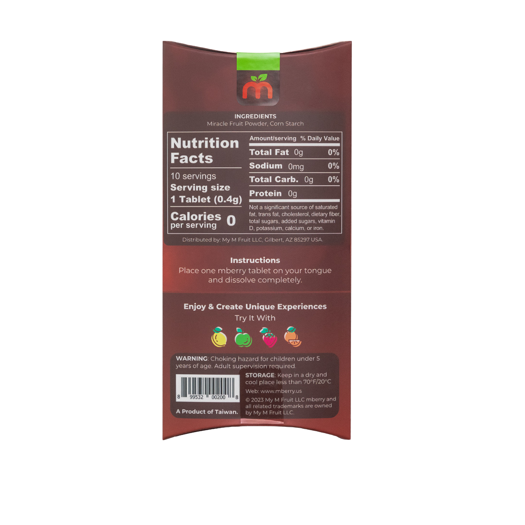 mberry Miracle Fruit Tablets nutrition facts with food suggestions, instructions, with 0g fat, 0 calories, 0 sugar