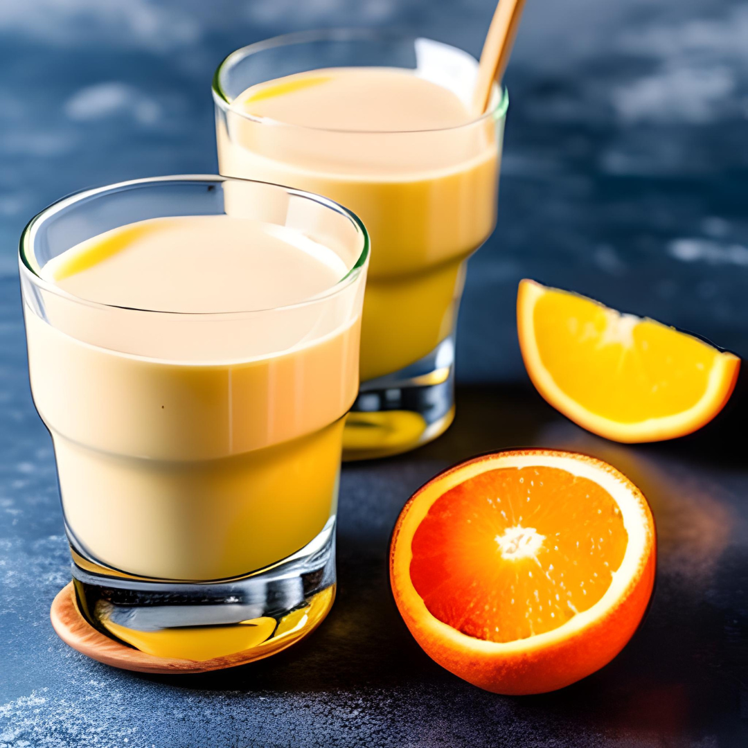 Melted Mayhem with orange juice, half and half, vanilla, and ice garnished with an orange slice