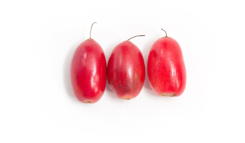 three fresh miracle berries all next to each other in a line on a white background