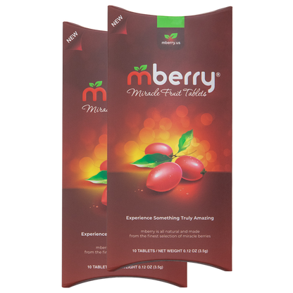 mberry Miracle Berry Tablets. Maroon with 3 miracle fruit on the front with yellow orange background. Logo has a red m and two green leaves above, followed by white letters that spell out berry.