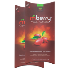 Load image into Gallery viewer, mberry Miracle Berry Tablets. Maroon with 3 miracle fruit on the front with yellow orange background. Logo has a red m and two green leaves above, followed by white letters that spell out berry.
