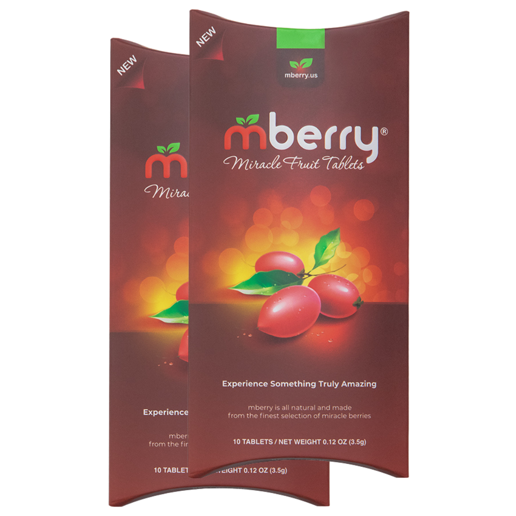 mberry Miracle Berry Tablets. Maroon with 3 miracle fruit on the front with yellow orange background. Logo has a red m and two green leaves above, followed by white letters that spell out berry.
