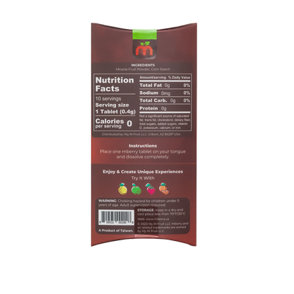 mberry Miracle Fruit Tablets nutrition facts with food suggestions, instructions, with 0g fat, 0 calories, 0 sugar