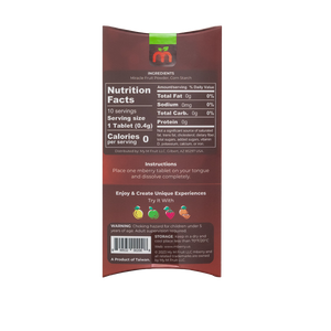 mberry Miracle Fruit Tablets nutrition facts with food suggestions, instructions, with 0g fat, 0 calories, 0 sugar