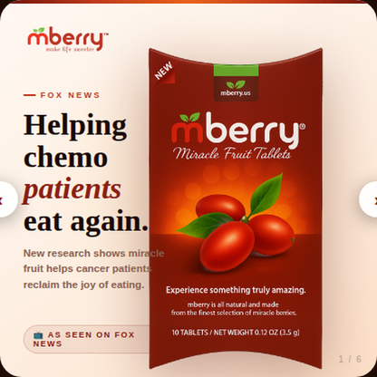 Advertisement for mberry Miracle Fruit Tablets with packaging and text on a light background