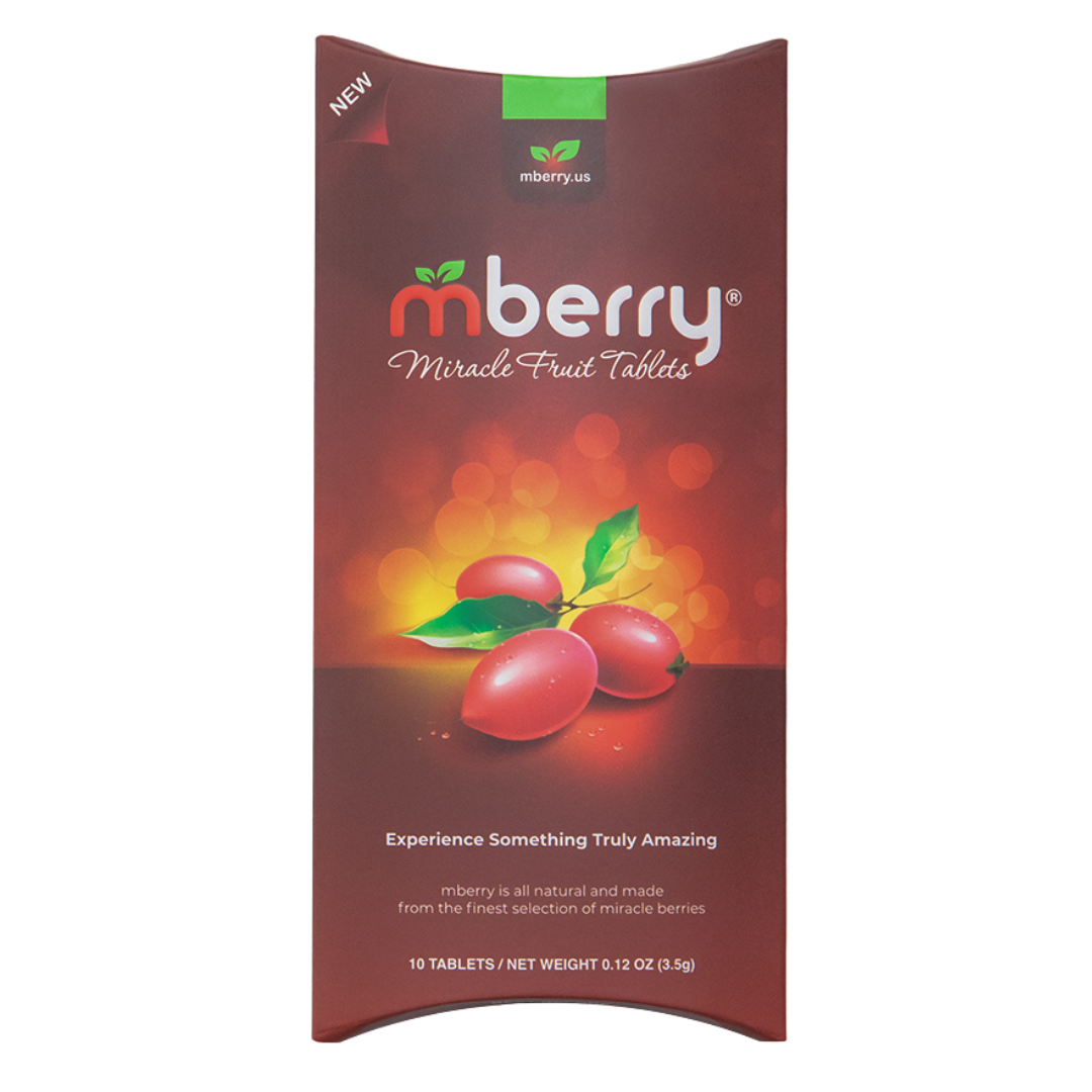 mberry miracle fruit tablets the front side. mberry logo and three miracle berries with stems and two leaves . Packaging is shaped like a pillow