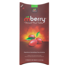 Load image into Gallery viewer, mberry miracle fruit tablets the front side. mberry logo and three miracle berries with stems and two leaves . Packaging is shaped like a pillow

