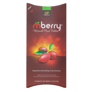 mberry miracle fruit tablets the front side. mberry logo and three miracle berries with stems and two leaves . Packaging is shaped like a pillow