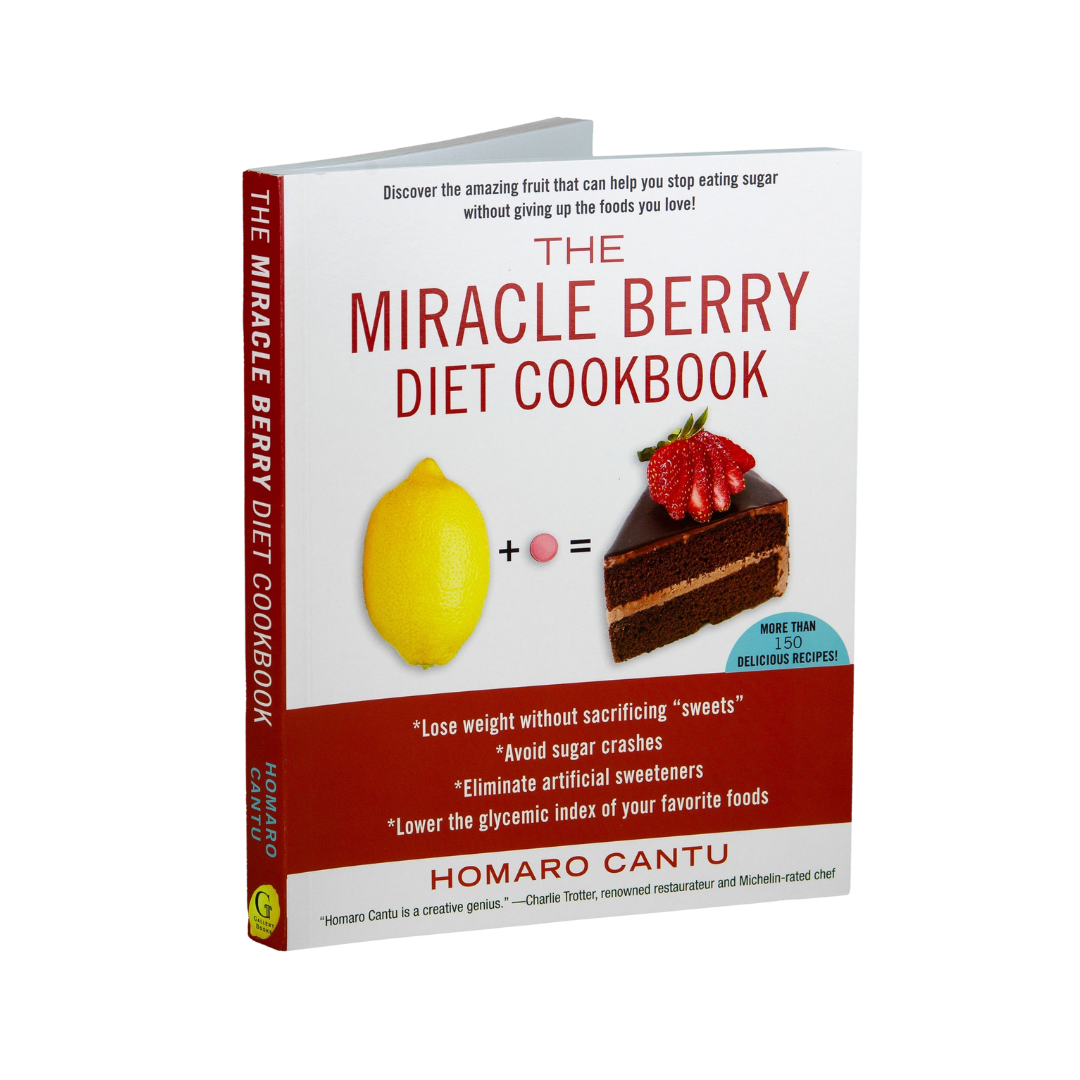 The miracle berry cookbook front side. There is a lemon, miracle fruit tablets, and chocolate cake. Author is homaro cantu